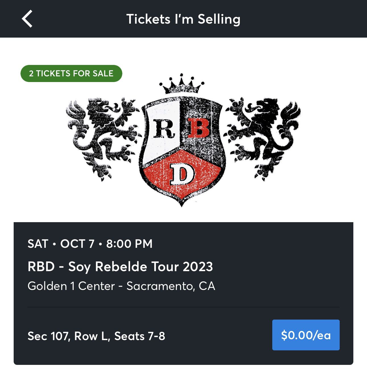 2 RBD Tickets For Tonights Concert- Sacramento