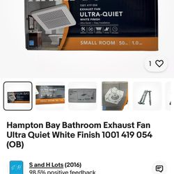 Hampton Bay Bathroom Exhaust Fan Ultra Quiet White Finish 1001 419 054 (OB)