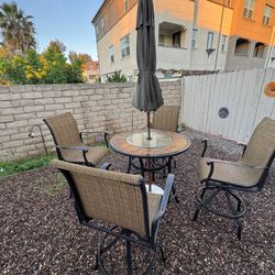 Bar-Height Outdoor Patio Set - Tile Table, 4 Swivel Chairs + Umbrella