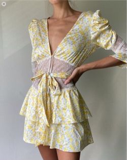 For Love And Lemons Yellow Floral Lace-Inset Tiered Mini Dress