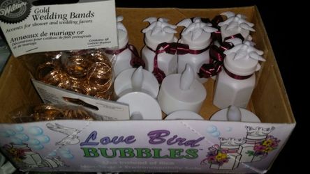BOX/BUNDLE OF WEDDING SILK FLOWER STRANDS -10 BOTTLES OF DOVE BUBBLES / NEW PACKAGE OF WEDDING DECORATIVE RINGS / 5 TABLE TEALIGHT CANDLES