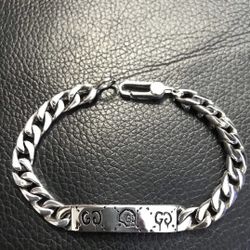 GUCCI Elf Skull Couple Cuban Chain Sterling Silver Bracelet Unisex Couple