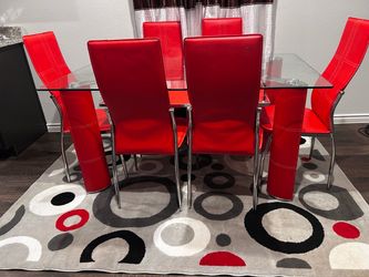 Glass Top Dining Table with 6 Red Chairs