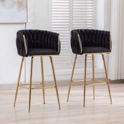 Swivel Bar Stools Set of 2, 26 Inches Counter Height Stools with Woven Barrel Backrest and Gold Metal Legs, Upholstered Velvet Kitchen Counter Stools 