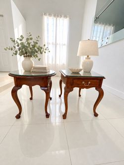 Set of Vintage Ethan Allen Solid Cherry Tables Set -Queen Anne Glass Top (Pair)