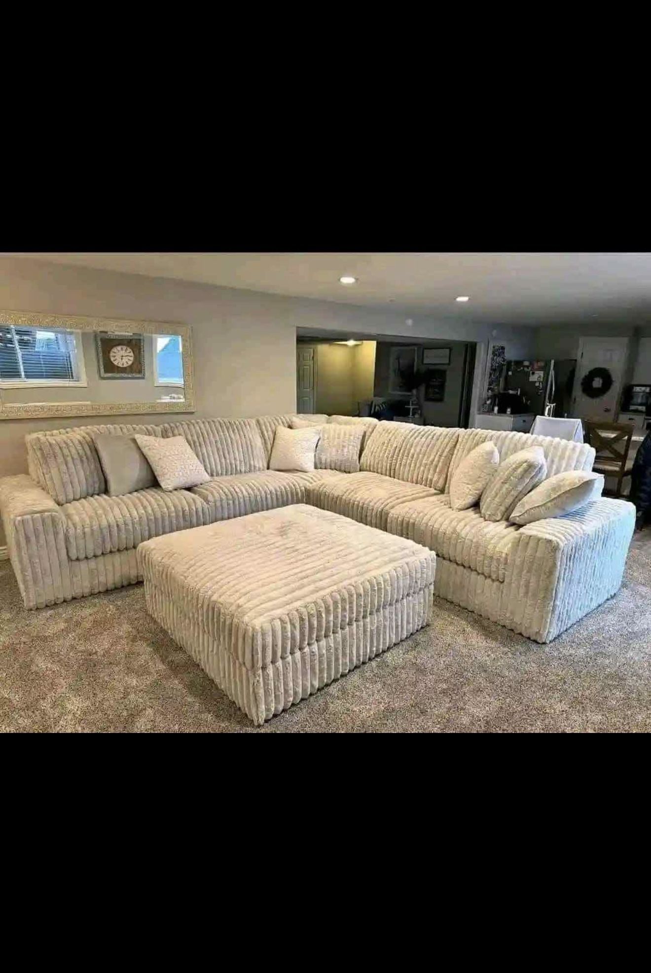 Light Beige 3-Piece Sectional Couch with Ottoman