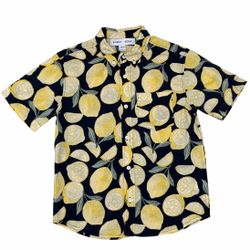 Old Navy Boys L (10-12) Button Down Shirt Yellow Lemons Navy Blue Built In Flex
