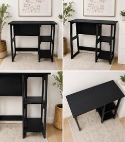 Black Wood Desk with Side Shelves