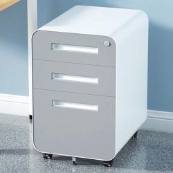 Rounded 3 Drawer Mobile Filing Cabinet, Multifunctional Legal/Letter/A4 File Storage Cabinet, 5-Wheel Design Anti Tilt Cold-Rolled Steel, With Pencil 