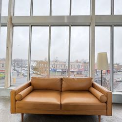 Midcentury Modern Minimalist Tan Leather Sofa Couch *Like New* (FREE Delivery)