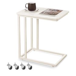 End Table, C Shaped TV Tray with Metal Frame Rolling Casters for Coffee Laptop