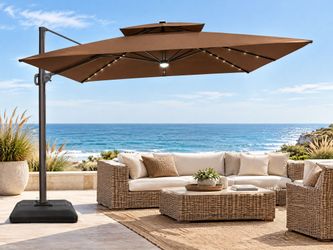 11FT Solar LED Cantilever Patio Umbrella w/ Base – 360° Tilt, Heavy Duty, solar lights and SPEAKER , Khaki
