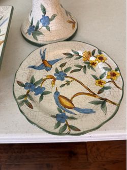 Tuscany Bird & Floral Crackle Glaze Serving Set – 6 Pieces