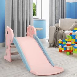 Kids Slide, Pink 3-in-1 Toddler Slide, Baby Slide Playset with Basketball Hoop, NEW