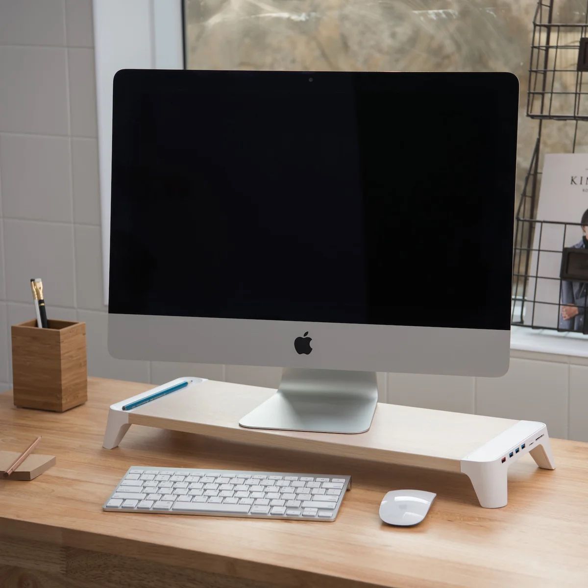 Woody Fast Charging Wooden Monitor Stand All in One Charging & Hub Station made by PALLOOEM