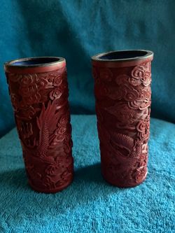 Pair Red Cinnabar Style Dragon Brush Pots Chinese Decor
