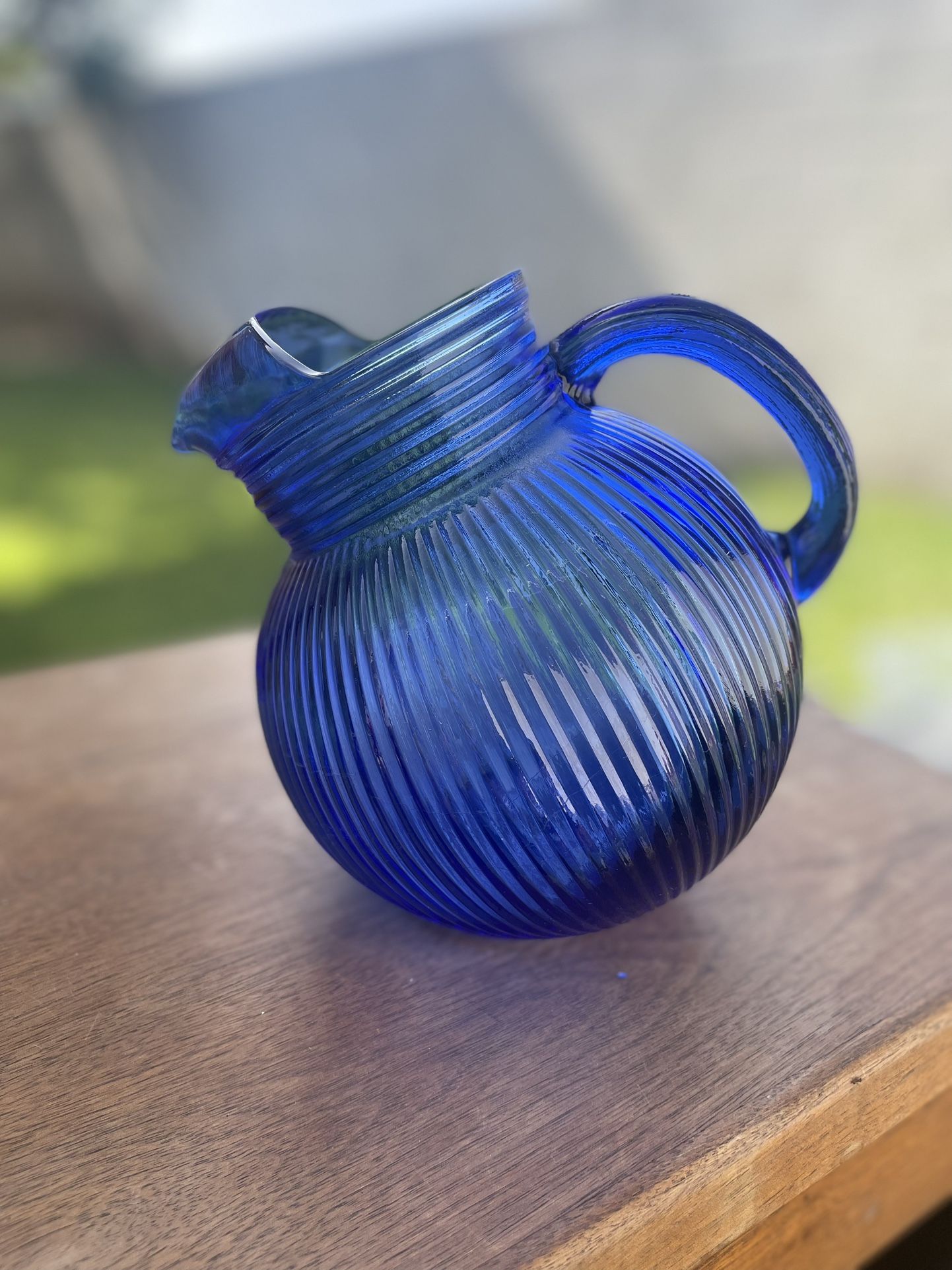 Vintage Hazel Atlas Ribbed Glass Cobalt Blue Tilted Ball Jug/Pitcher.