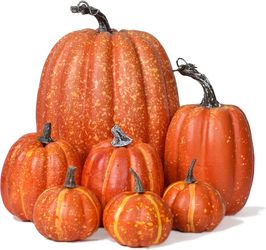 Artificial Pumpkins Set Harvest Decoration, 7pcs Assorted Size Orange Pumpkins Realistic Large Pumpkins, Orange
