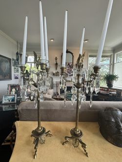 Vintage Brass Crystal Prism Candelabra Pair – 5 Arm Ornate Candle Holders