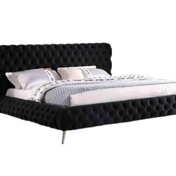Glam Black Velvet Tufted Low Profile Bed