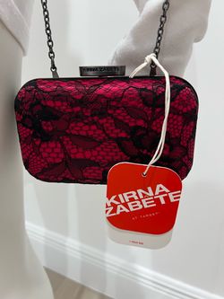 NWT Kirna Zabete Lace Clutch Evening Bag in Hot Pink & black lace chain strap