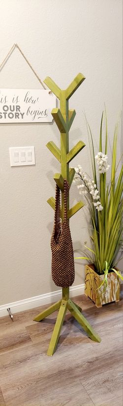 🌱10 Hooks Solid Wood Coat/Hat/Bag Rack Stand ::: 65"H X 20"W X 20"D ::: Oregano 