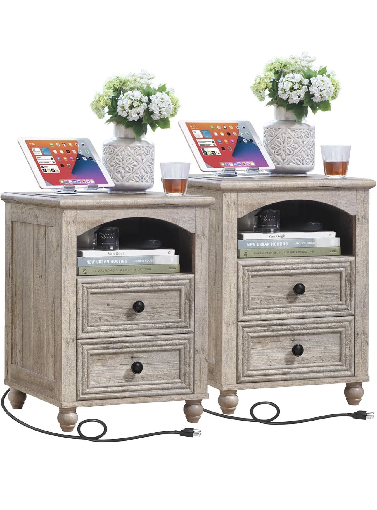 18" Farmhouse Night Stand Set of 2 with Charging Station, Gray Wood Nightstand with 2 Drawers, Bedside End Table with Shelf Storage, Bed Side Tables f