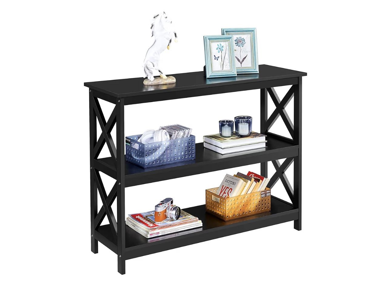 Console Table with Storage Shelves, 3-Tier Entryway Table Sofa Side Table Narrow Long Bookshelf for Hallway Living Room, Accent Furniture, Black 