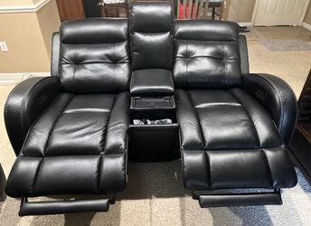 Black Leather Power Recliner Loveseat with Console