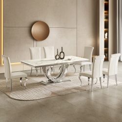 Modern Dining Table with Marble Top & 201 Stainless Steel U-Base, Luxury 6-8 Seater Kitchen Table, Gold/Silver Mirror Finish
