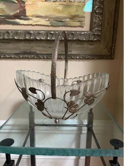 Vintage heavy cut glass bowl with metal basket leaf designs 9”x9”
