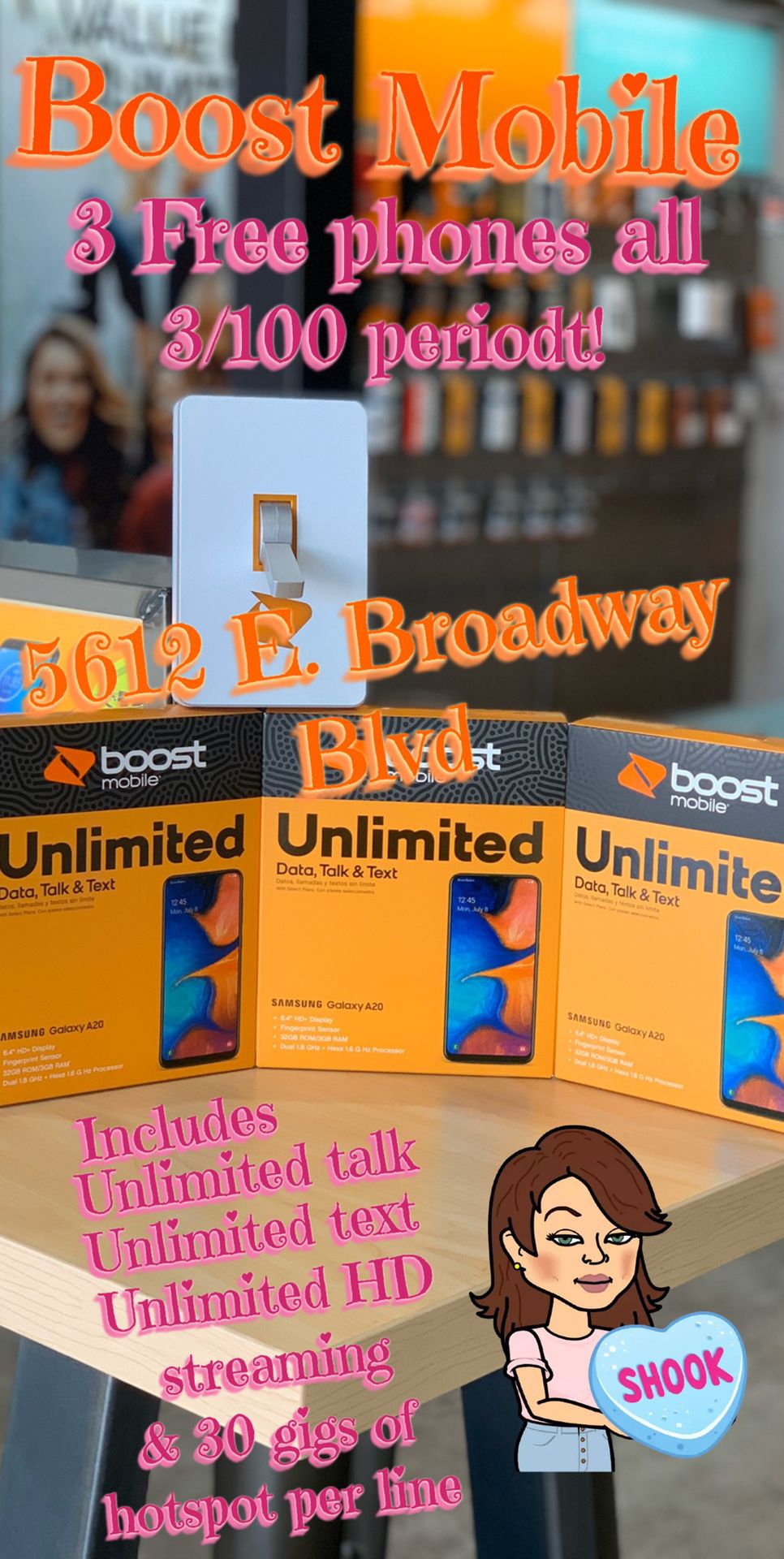 Boost Mobile Free Samsung A20 when you switch today 5612 E. Broadway Blvd