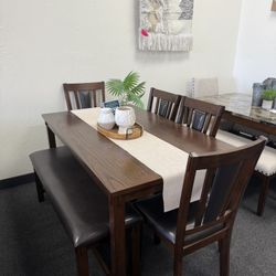 Espresso dining set with table, 4 chairs, bench, and table 