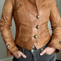 Women’s Tan Leather Button-Front Jacket 