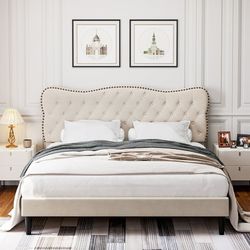 King Size Bed Frame, Linen Upholstered Platform Bed with Button Tufted Adjustable Headboard for Bedroom, Beige