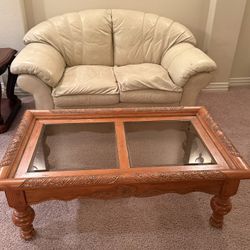 Leather Loveseat & Solid Wood Coffee Table