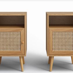 Set of 2 Nightstands – Mid Century Cane Wood