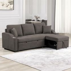 Brand New Gray Sectional Sofa with Pull-Out Sleeper Built-in Cup Holders