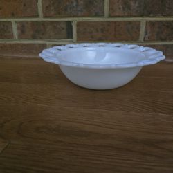 Vintage 1950s Anchor Hocking Milk Glass Serving Bowl Open Lace Heart Edge