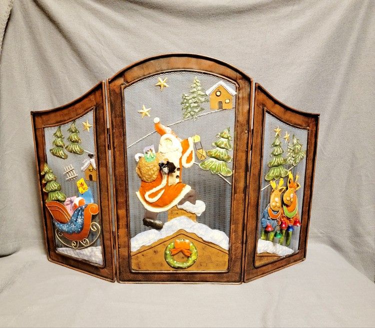 Metal Trifold Santa Fireplace Screen 3D Cover Gaurd Christmas 33" x 22" Vintage