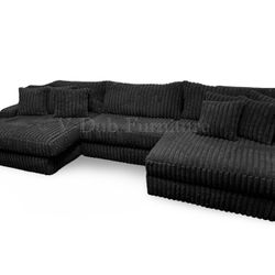Big Soft Black Chaise Corduroy Sectional Couch