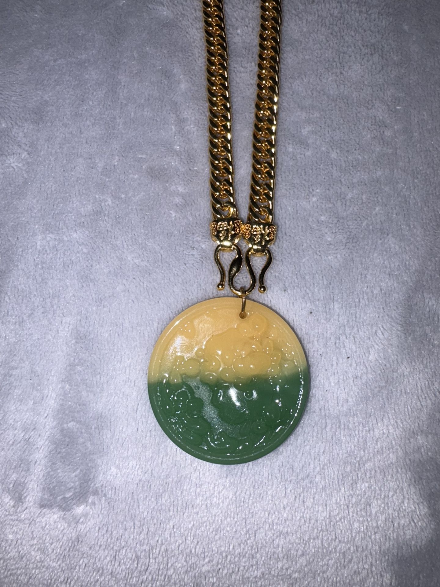 Gold Plated Cuban Link Chain W Jade Pendant 