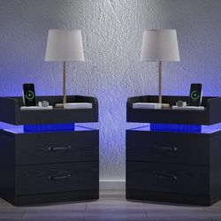 2 BLACK NIGHT STAND WITH CHARGING STATION AND LED LIGHTS