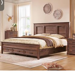 Farmhouse Queen Size Bed Frame with 52" Tall Headboard, Wood Platform Bedframe with Footboard and Storage Drawers, No Squeak, No Box Spring Needed, Br