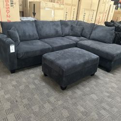 Black Comfy Sectional Couch With Storage Ottoman 