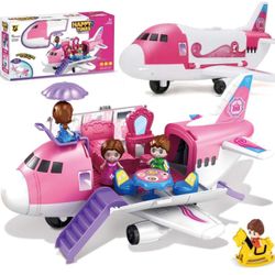 Pink Airplane Toy Private Jet Transport Cargo Vehicle - Big Large Aircraft Plane with Figures and Beauty Accessories Pretend Playset