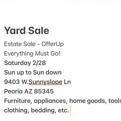 Yard Sale, Tools, Car Parts, Furniture, Appliances, Home-goods, Clothing, Etc.