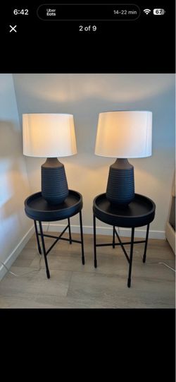 Pair of Black Side Tables with Matching Large Ceramic Lamps