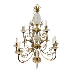 Vintage 1980's Quoizel Pineapple Twelve Arm Brass & Crystal  