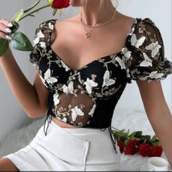 Black mesh lace butterfly Women's Lady's crop corset Top Blouse Gift S  L 